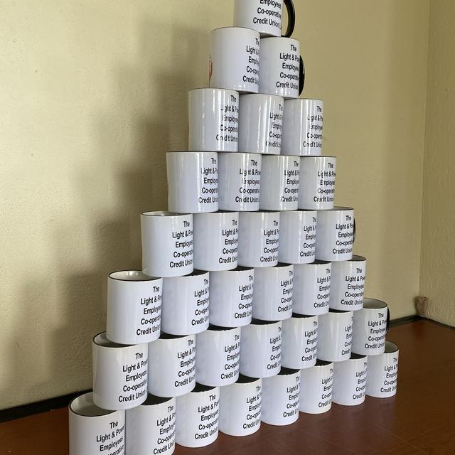 Pyramid of printed mugs